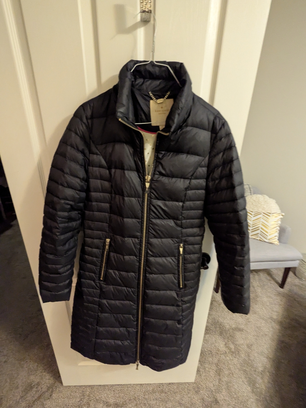kate spade Black Long Quilted Puffer Jacket with Gold Zippers